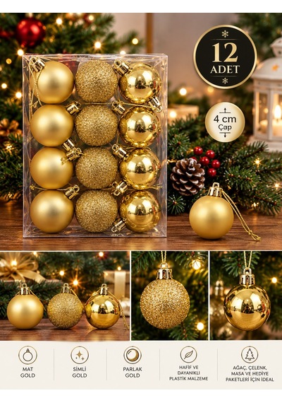 12'li Set 4 Cm Gold Yılbaşı Ağacı Süsü Mat, Simli Ve Parlak Karışık Çam Ağacı Topu Noel Süsü Diğer