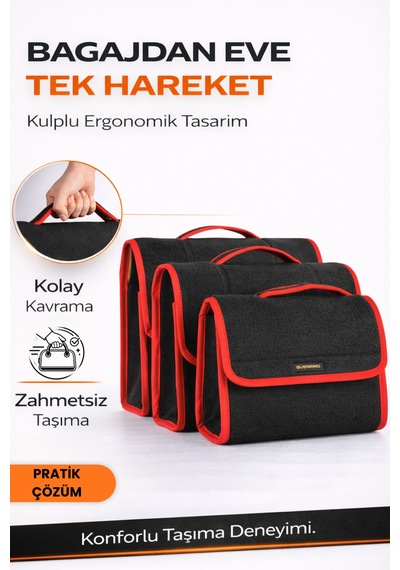 Oto Bagaj Organizer Bagaj Çantası 3'lü Kombo Boy Kaymaz Cırt Bantlı Velur Kompakt Düzenleyici - Vcx1