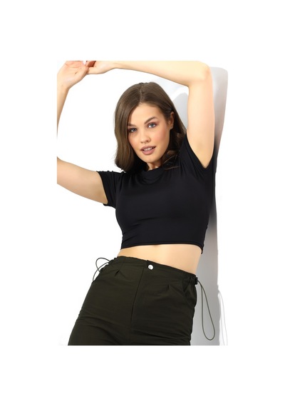 Winmoda34 Kadın Siyah Sırt Dekolteli Crop/krop Beli Lastik Dertaylı Bluz Siyah