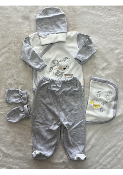 Özlem Bebe Desenli 5li Zıbın Set Beyaz - Pembe