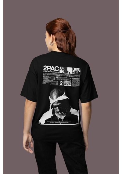 Tupac Rapper Sırt Baskılı Unisex Oversize 2pac Şarkıcı Tişört Siyah