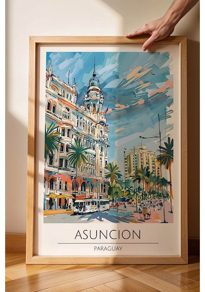 Paraguay Asuncion Temalı Çerçeveli Tablo Travel Serisi Modern İllüstrasyon Şehir Duvar Dekoru Kayın