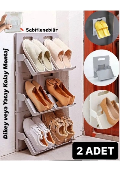 2 Adet Lyon Gri Ayakkabı Rafı Dikey İstiflenebilir Çok Katmanlı Y Gri