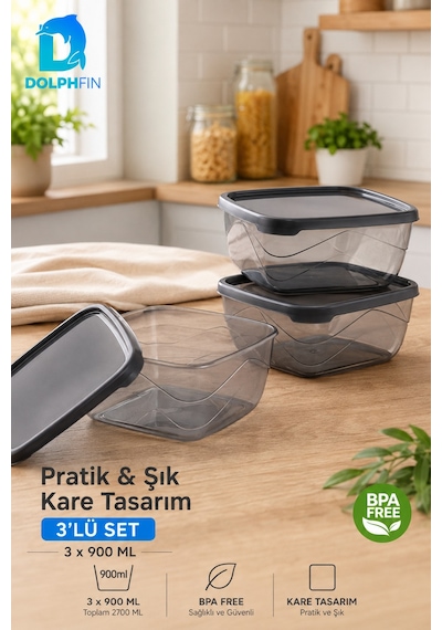 3 Lü Kare Saklama Kabı Seti 3x900 Ml Füme Şeffaf Siyah Kapaklı Bpa İçermez