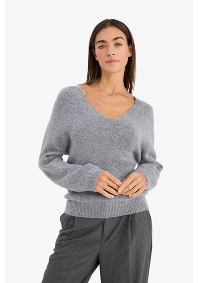 Defacto Regular Fit V Yaka Alpaka Yünü Triko Kazak G6951ax26spgr156 Gri-gr156
