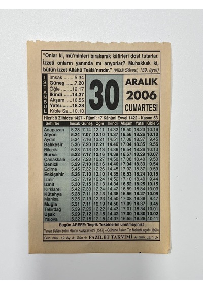 30 Aralık 2006 Takvim Yaprağı - Nostaljik Koleksiyonluk Takvim Yaprağı