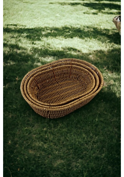 3 Lü Rattan Plastik Sepet, Ekmeklik , Meyve Sepeti Oval 3 Boy 3716