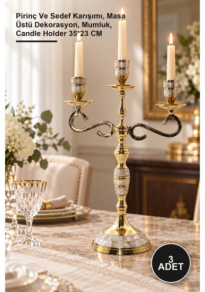 3 Adet Pirinç Sedefli 3'lü Şamdan Pirinç Ve Karışımı, Masa Üstü Dekorasyon, Mumluk, Candle Holder 35 23 Cm