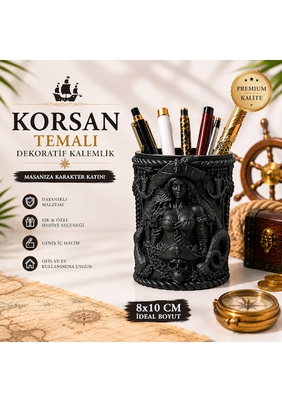 Özel Tasarım Korsan Temalı Dekoratif Kalemlik 8x10 Masaüstü Organizer Premium Kalem Tutucu Siyah