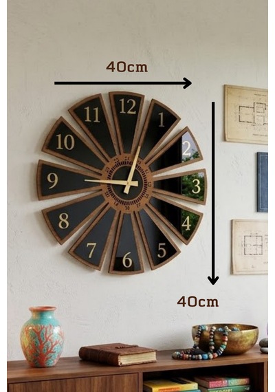 Dekoratif Ahşap Duvar Saati Parçalı Tasarım Modern Duvar Saati Sessiz Mekanizmalı 40x40cm Siyah - Ahşap