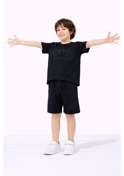 Miniko Kids Erkek Çocuk Kabartma Modelli Pamuk Şortlu Takım Siyah