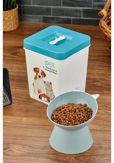 Evcil Hayvan Kedi Ve Köpek Mama Saklama Kabı & Mama Kabı Seti Kürek Hediyeli 3'lü Set - Mavi