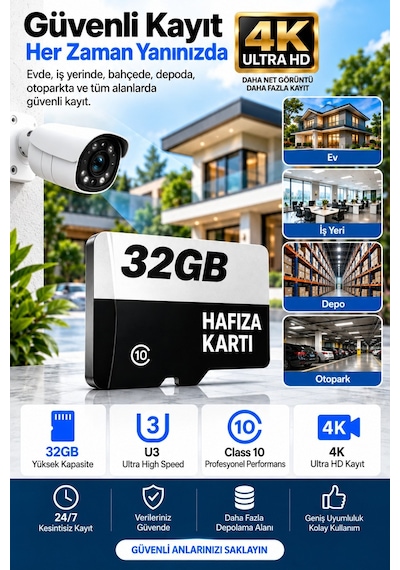32 Gb Hafıza Kartı Faster Transfer Speed Class 10 4k Video Kayıt Güvenlik Kamera Uyumlu