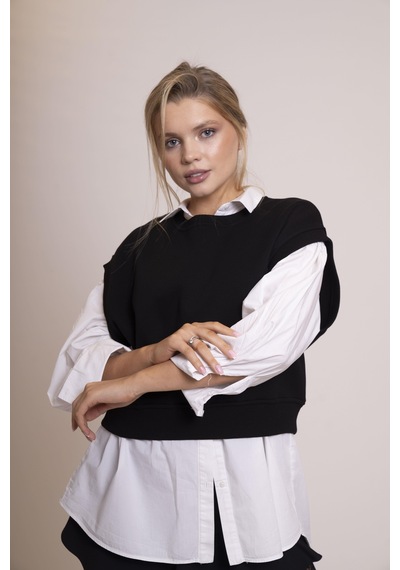 Afloow Delicate Kadın Siyah %100 Pamuk Oversize Kolsuz Süveter Şık Ve Rahat Basic Yarım Kollu Yelek Siyah