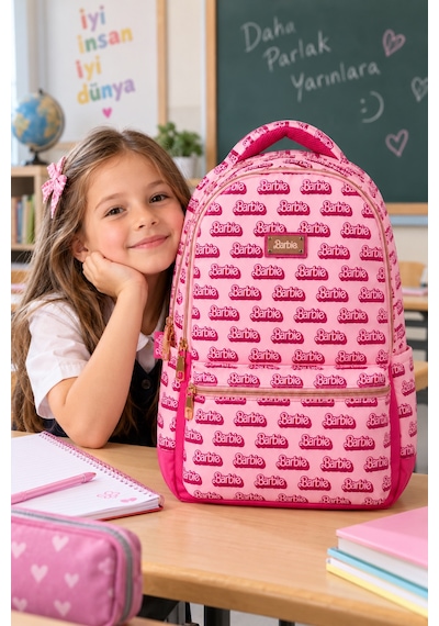 İlkokul Okul Çantası Barbie Pembe Kız Çocuk Sırt Çantası 40x30x14 Cm Desenli