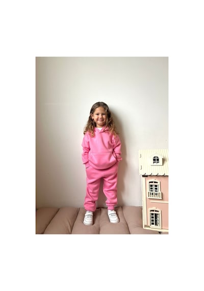 Heyadventure Kız Çocuk Eşofman Takımı Kanguru Cepli Kapüşonlu 3 İplik Şardonlu Pembe Pembe