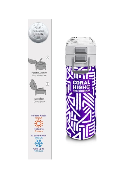 Coral High Kız Çocuk İçin 500 Ml'lik Paslanmaz Çelik Termos/suluk - Mor Beyaz Geometrik Desenli Çok Renkli