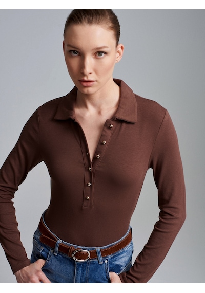 Dilvin 32671 Düğme Detaylı Polo Yaka Top-açık Kahve Açık Kahverengi