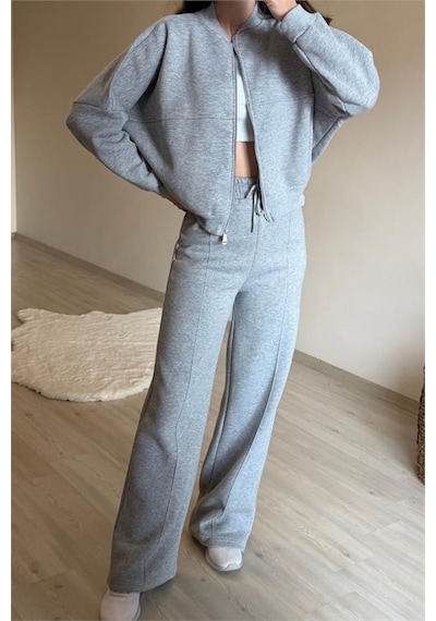 Neşeli Butik Kadın Fermuarlı Oversize Sweat Ve Yüksek Bel Eşofman Takımı Nm018 Gri Melanj