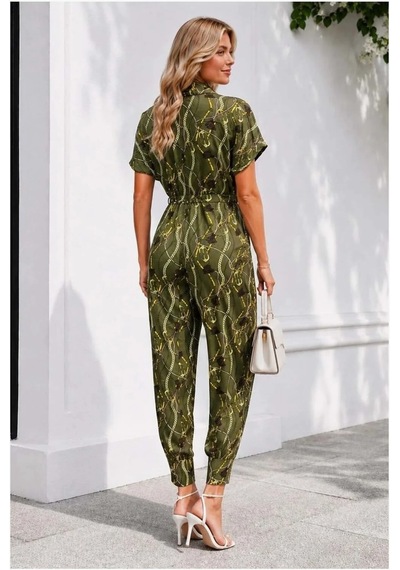 Kadın Modern Stil Tül Kumaş Kısa Kollu Tulum Haki