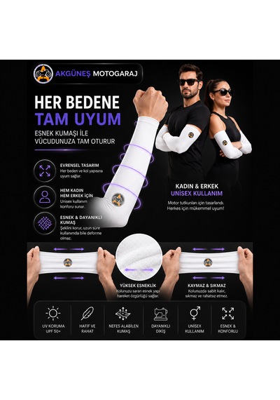 Akgüneş Motogaraj Motosiklet Kol Çorabı Uv Korumalı, Nefes Alan, Ter Tutmayan, Esnek Unisex Kol Kılıfı Beyaz