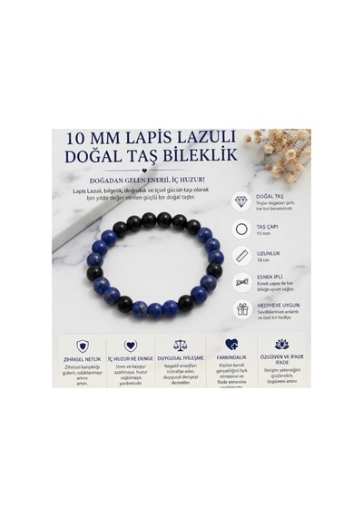 10 Mm Lapis Lazuli Doğal Taş Bileklik El Yapımı Esnek Unisex Tasarım Lacivert Lacivert