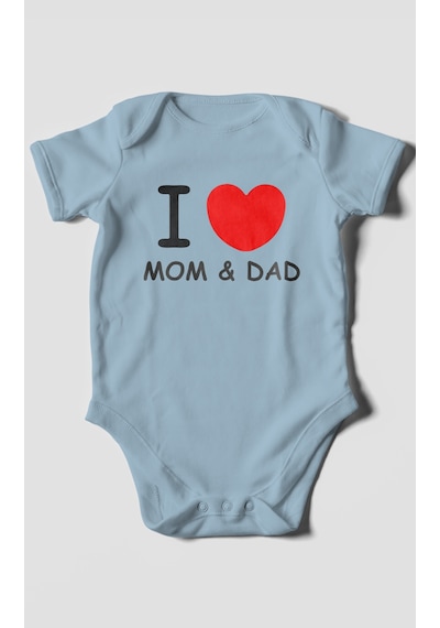 I Love Mom And Dad Baskılı Bebek Zıbını Çıtçıtlı Body %100 Pamuk Kısa Kol Bebe Mavisi
