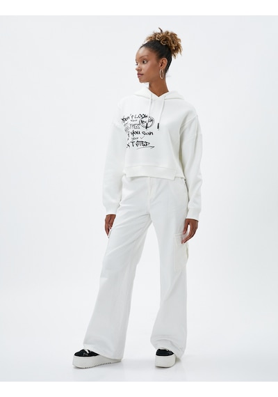Koton Kapüşonlu Sweatshirt Slogan Baskılı Asimetrik Kesim Ekru 4wal10165ık Ekru