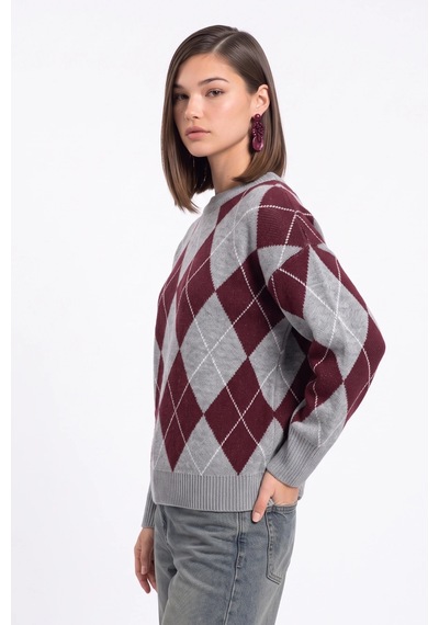 CEMO Argyle Desenli Bisiklet Yaka Triko Kazak Gri