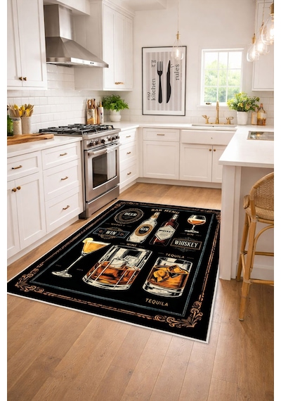 STY Home Kokteyl Dijital Baskı Halı Kaymaz Tabanlı Yıkanabilir Halı Yolluk Salon Halısı137 Siyah