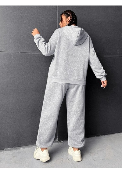 Eşofman Takımı Sweatshirt - Gri Baskılı Oversize Şardonlu Kapüşonlu Gri