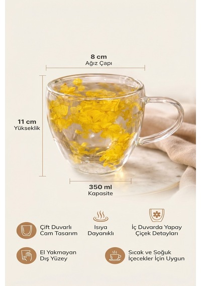 Makri Home Sarı Çiçekli Çift Cidarlı Cam Kupa, 350 Ml, 11 Cm X 8 Cm Çok Renkli