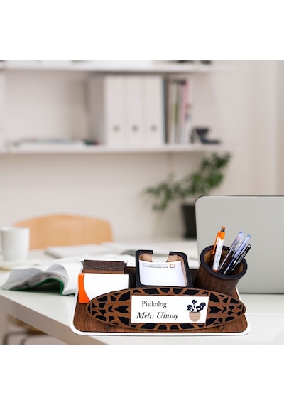 Kişiye Özel Psikolog Masa İsimliği Modern Ahşap Masaüstü Organizer Ve Kalemlik Kahverengi
