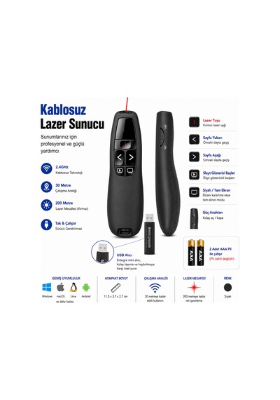 Kablosuz Lazer Sunum Kumandası 30m Powerpoint Presenter Usb Lazer Pointer 200m