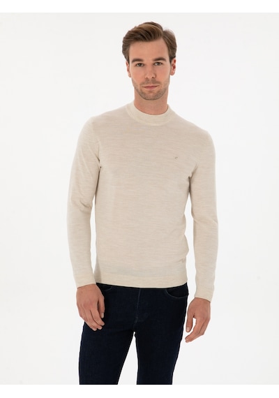 Cacharel Bej Slim Fit Yün Karışımlı Çeyrek Balıkçı Basic Triko Kazak
