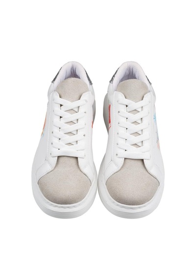 Kadın Vegan Deri Beyaz Sneakers - Travel Collage Tasarım Çok Renkli