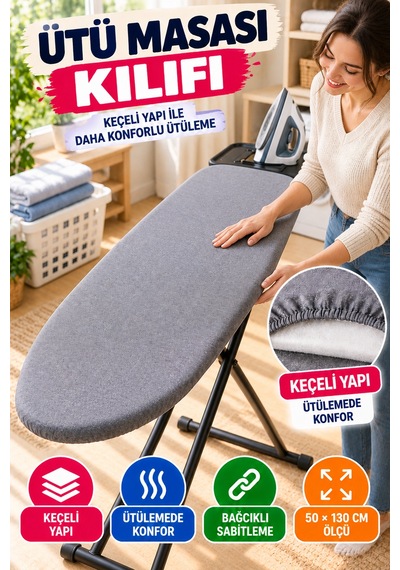 Gri Ütü Masası Kılıfı 50x130 Cm Keçeli Bağcıklı Ütü Bezi Örtüsü Pratik Kullanım Yedek Kılıf Gri Renk