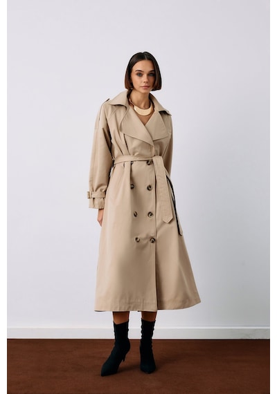 Sateen Kuşaklı Uzun Trenç - Bej-135231 Bej