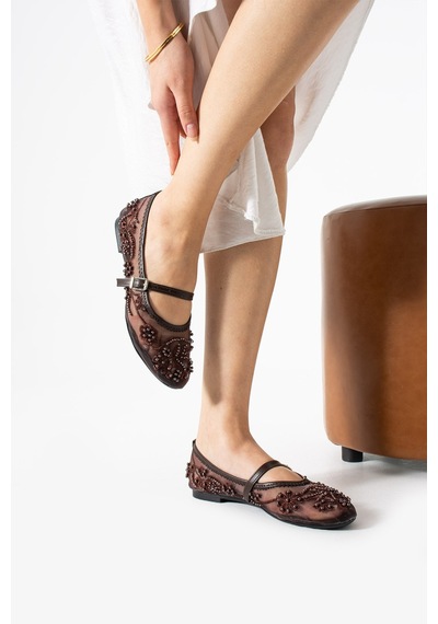 Dabab Shoes Flora Kadın Acı Kahve İnci İşlemeli Tül Dokulu Bantlı Babet Düz Ayakkabı Kahverengi