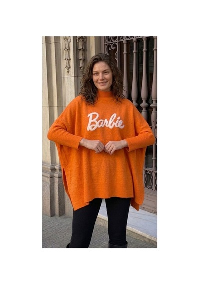 Onno Style Women Barbie Nakışlı Yırtmaçlı Triko Kadın Panço Turuncu