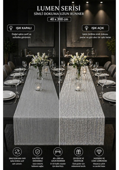 Lumen Serisi Silver 40x300 Cm Simli Dokuma Uzun Runner Modern Lüks Masa Örtüsü 8-10 Kişilik Gümüş