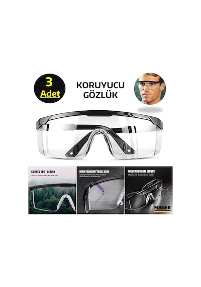 Koruyucu Gözlük - 3 Adet Özel Poşetli - Şeffaf Tam Koruma