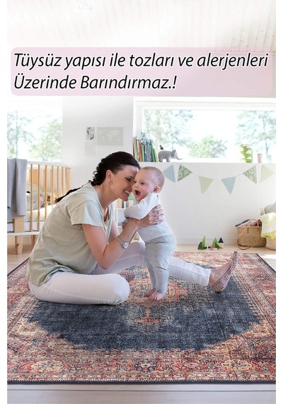 Blues Vintage Desenli Dokuma Taban Dekoratif Lacivert Halı (Al 26