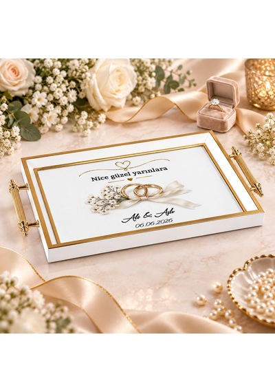 Bk Gift Kişiye Özel Beyaz&gold Söz Nişan Tepsisi-3 - 39x23 Cm Çok Renkli