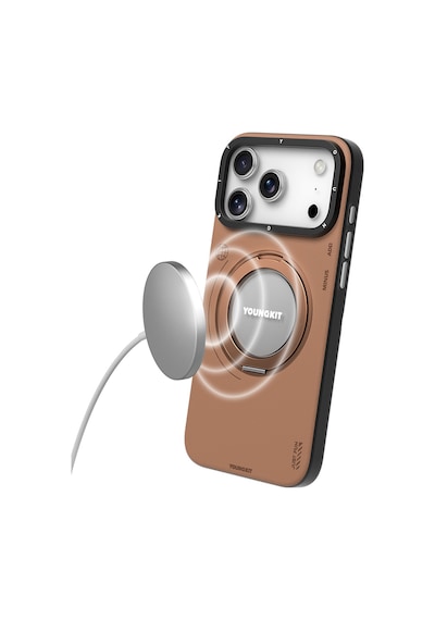 Apple Uyumlu iPhone 17 Pro Kılıf M-safe 360 Standlı Basit Mat Deri Desenli Youngkit Tech Leather Seri Kahverengi Kahverengi