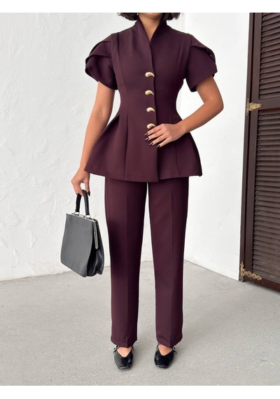 Modadua Gold Düğme Detaylı Peplum Kesim Şık Kadın Takım Mürdüm