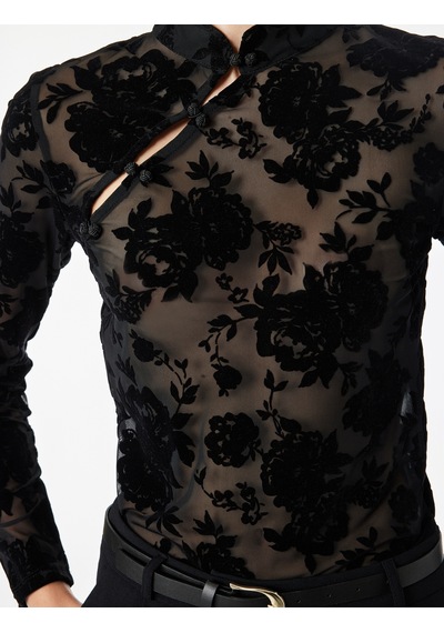 Koton Uzun Kollu Floral Dokulu Dik Qipao Yaka Tül Tişört Siyah Desenli 7wak10023uk