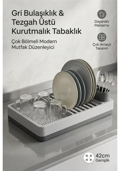 Kurutmalık Tabaklık Gri Tezgah Üstü Bulaşıklık Bardaklık Standı Mutfak