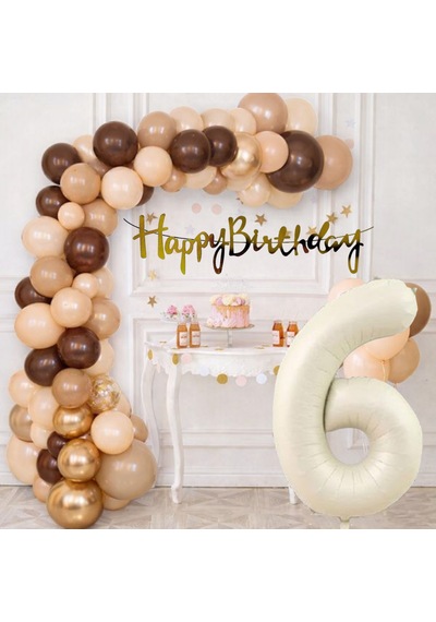 6 Yaş Pompa Hediyeli Doğum Günü Seti Banner Gold Kahverengi Kum Beji Ten Rengi Balonlar Krem Rakam Çok Renkli