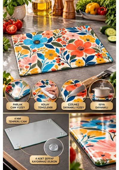 Gökçeoğlu Cam Kesme Tahtası Boho Çiçek Temalı - Cam Kesme Tablası 30cm X 40cm Çok Renkli